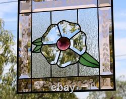 Handcrafted Stained Glass Flower Panel. Beveled, Sandblasted Border