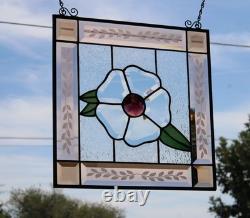 Handcrafted Stained Glass Flower Panel. Beveled, Sandblasted Border