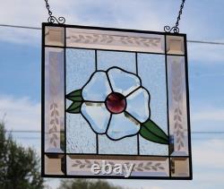 Handcrafted Stained Glass Flower Panel. Beveled, Sandblasted Border
