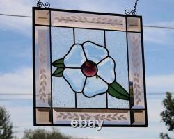 Handcrafted Stained Glass Flower Panel. Beveled, Sandblasted Border
