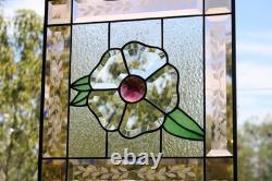 Handcrafted Stained Glass Flower Panel. Beveled, Sandblasted Border
