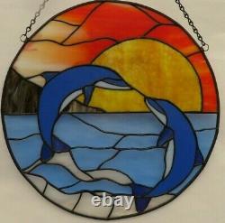 Handcrafted Stained Glass Round Panel with Dolphins/New