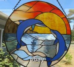 Handcrafted Stained Glass Round Panel with Dolphins/New