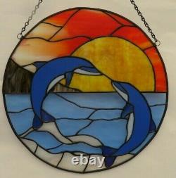 Handcrafted Stained Glass Round Panel with Dolphins/New