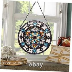 Handcrafted Stained Glass Window Panel 12-Inch Round Floral Design Flower