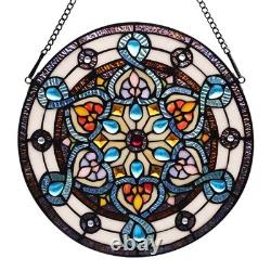 Handcrafted Stained Glass Window Panel 12-Inch Round Floral Design Flower