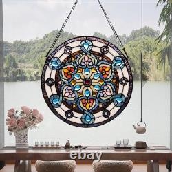 Handcrafted Stained Glass Window Panel 12-Inch Round Floral Design Flower
