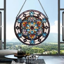 Handcrafted Stained Glass Window Panel 12-Inch Round Floral Design Flower