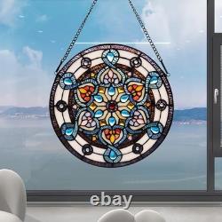 Handcrafted Stained Glass Window Panel 12-Inch Round Floral Design Flower