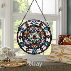 Handcrafted Stained Glass Window Panel 12-Inch Round Floral Design with Vib