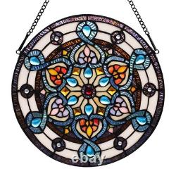 Handcrafted Stained Glass Window Panel 12-Inch Round Floral Design with Vib