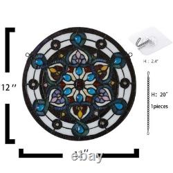 Handcrafted Stained Glass Window Panel 12-Inch Round Floral Design with Vib
