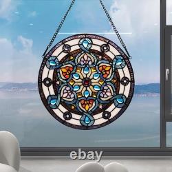 Handcrafted Stained Glass Window Panel 12-Inch Round Floral Design with Vib
