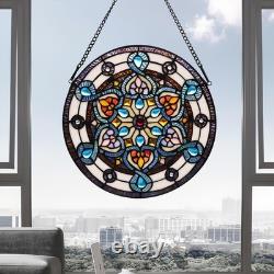 Handcrafted Stained Glass Window Panel 12-Inch Round Floral Design with Vib
