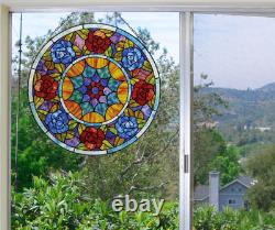 Handcrafted Tiffany Style 22 Round Stained Glass Window Panel Floral Design