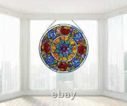 Handcrafted Tiffany Style 22 Round Stained Glass Window Panel Floral Design