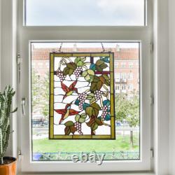 Handcrafted Tiffany Style Stained Glass Window Panel Hummingbird Grapes Art