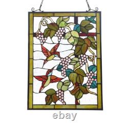 Handcrafted Tiffany Style Stained Glass Window Panel Hummingbird Grapes Art