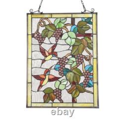 Handcrafted Tiffany Style Stained Glass Window Panel Hummingbird Grapes Art
