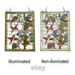 Handcrafted Tiffany Style Stained Glass Window Panel Hummingbird Grapes Art