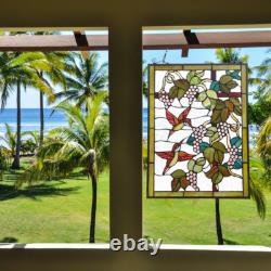 Handcrafted Tiffany Style Stained Glass Window Panel Hummingbird Grapes Art