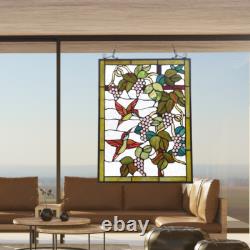 Handcrafted Tiffany Style Stained Glass Window Panel Hummingbird Grapes Art