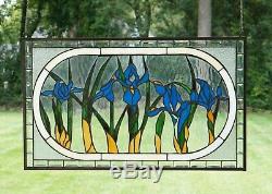 Handcrafted stained glass Beveled Iris Flowers window panel 34.75 x 20.5