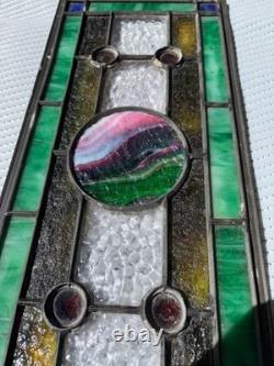 Handcrafted stained glass hanging panel STUNNING ONE OF KIND gift Greens Blues