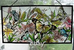 Handcrafted stained glass window panel Butterflies and Flowers