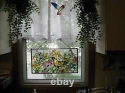 Handcrafted stained glass window panel Butterflies and Flowers