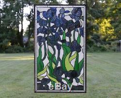 Handcrafted stained glass window panel Iris Flowers, 20.5 x 34.5