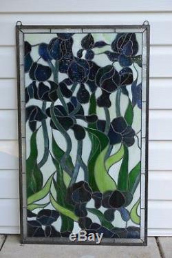 Handcrafted stained glass window panel Iris Flowers, 20.5 x 34.5