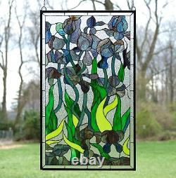 Handcrafted stained glass window panel Iris Flowers, 20.5 x 34.75 WL2022448