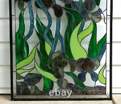 Handcrafted stained glass window panel Iris Flowers, 20.5 x 34.75 WL2022448