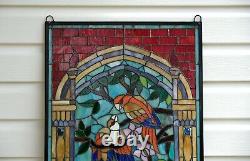 Handcrafted stained glass window panel Love Bird Two Parrots on the Tree WL22210