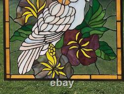 Handcrafted stained glass window panel Parrot White Cockatoo 24.75 x 24.75