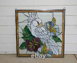 Handcrafted stained glass window panel Parrot White Cockatoo 24.75 x 24.75