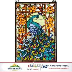 Handmade 15x23 Inch Stained Glass Window Panel Featuring Peacock and Flowers Handmade 15x23 Inch Stained Glass Window Panel Featuring Peacock and Flowers