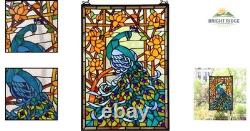 Handmade 15x23 Inch Stained Glass Window Panel Featuring Peacock and Flowers