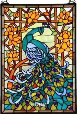 Handmade 15x23 Inch Stained Glass Window Panel Featuring Peacock and Flowers