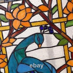 Handmade 15x23 Inch Stained Glass Window Panel Featuring Peacock and Flowers