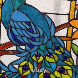 Handmade 15x23 Inch Stained Glass Window Panel Featuring Peacock and Flowers
