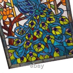 Handmade 15x23 Inch Stained Glass Window Panel Featuring Peacock and Flowers