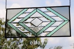 Handmade Olive & Seafoam Green Beveled Stained Glass Hanging Panel