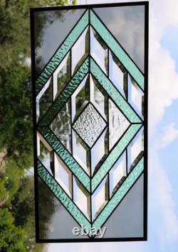 Handmade Olive & Seafoam Green Beveled Stained Glass Hanging Panel