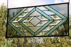 Handmade Olive & Seafoam Green Beveled Stained Glass Hanging Panel