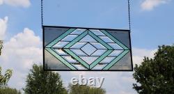 Handmade Olive & Seafoam Green Beveled Stained Glass Hanging Panel Handmade Olive & Seafoam Green Beveled Stained Glass Hanging Panel