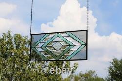 Handmade Olive & Seafoam Green Beveled Stained Glass Hanging Panel