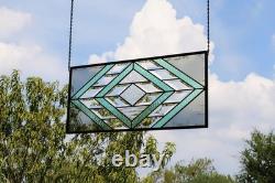 Handmade Olive & Seafoam Green Beveled Stained Glass Hanging Panel