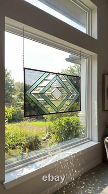 Handmade Olive & Seafoam Green Beveled Stained Glass Hanging Panel